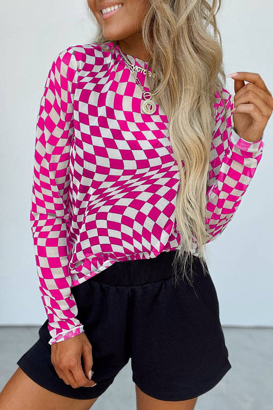 Rose Checkered Pattern Mesh Mock Neck Long Sleeve Top: Rose