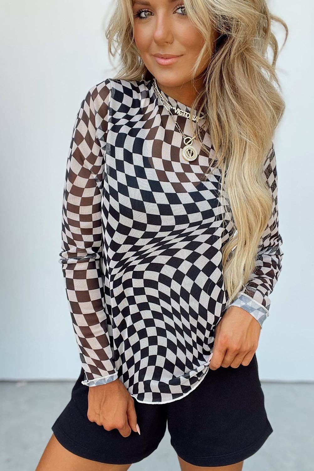 Black Checkered Pattern Mesh Mock Neck Long Sleeve Top: Black