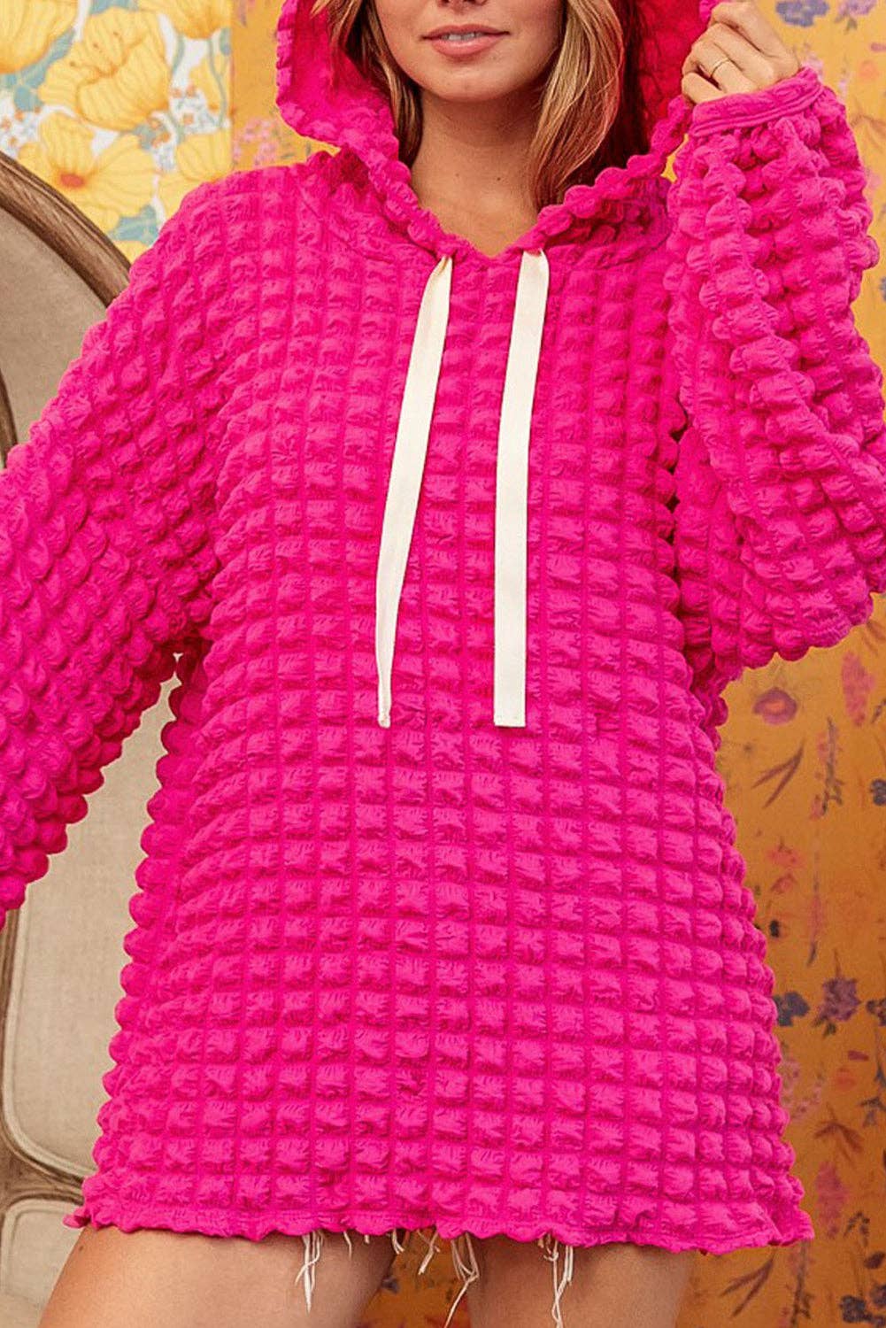 Bubble Textured Waffle Hoodie: Rose