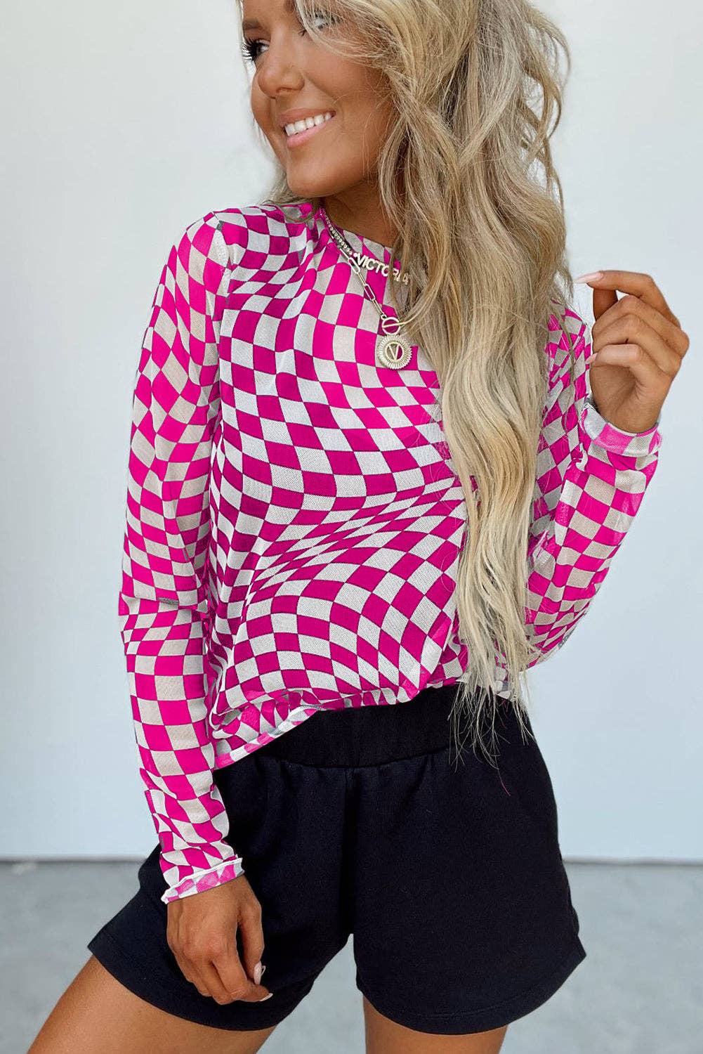Rose Checkered Pattern Mesh Mock Neck Long Sleeve Top: Rose