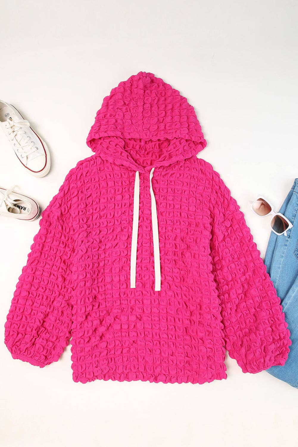 Bubble Textured Waffle Hoodie: Rose