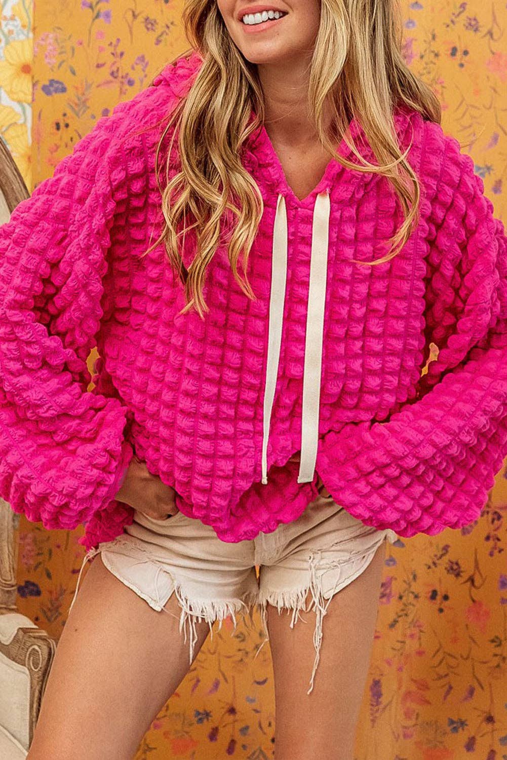 Bubble Textured Waffle Hoodie: Rose