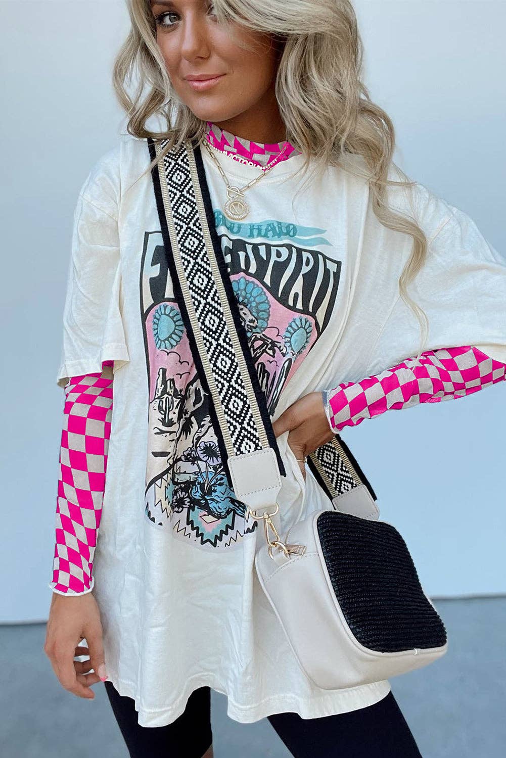 Rose Checkered Pattern Mesh Mock Neck Long Sleeve Top: Rose